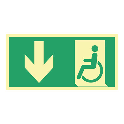 Nødutgang funksjonshemmede, pil ned - Nødutgang skilt