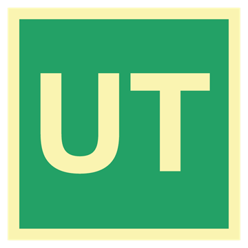 Markeringsskilt for nødutgang med teksten UT - Nødutgangsskilt