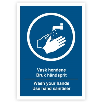 Vask hendene/ Bruk håndsprit - Norsk/ engelsk - Påbudsskilt - Flere varianter