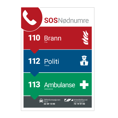 SOS Nødnumre - Nødskilt. Foto.