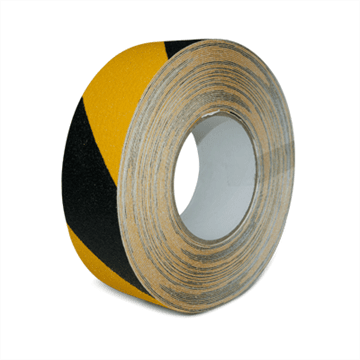 Sklisikker tape fra Denfoil - 50 mm x 18 m - Sort/ gul farge. Foto.
