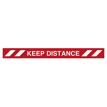 Gulvmerker med engelsk tekst Keep distance i blå, rød eller gul farge.