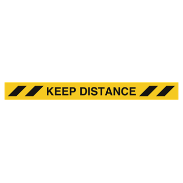 Gulvmerker med engelsk tekst Keep distance i blå, rød eller gul farge.