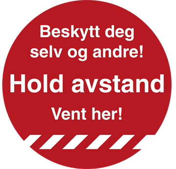 "Hold avstand, Vent. her"- klistremerker i slitesterk gulvfolie med sklisikker R9 laminat i rød farge. Jo Safety Norge. 