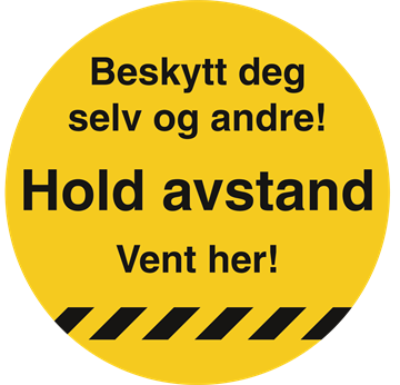 "Hold avstand, Vent. her"- klistremerker i slitesterk gulvfolie med sklisikker R9 laminat i gul farge. Jo Safety Norge. 