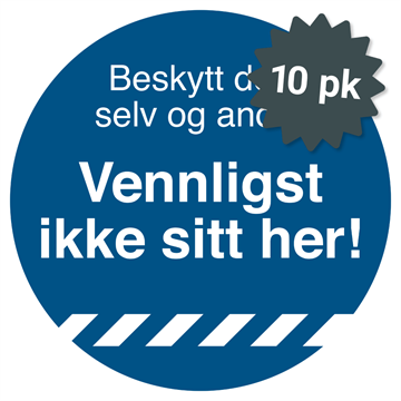 10 pk. med "Vennligst ikke sitt her"-klistremerker i Ø100 mm i blå farge. Rask levering fra JO Safety Norge. 