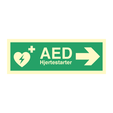AED hjertestarter skilt med tekst høyre