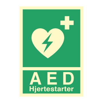 AED hjertestarter skilt med tekst