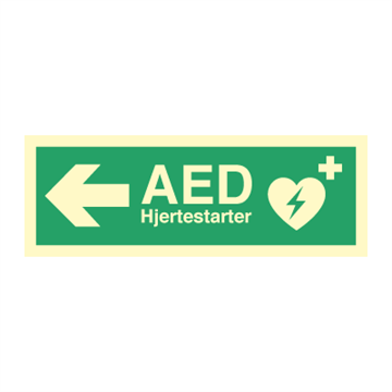 AED hjertestarter skilt med tekst venstre