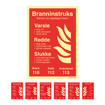 TILBUD: Branninstruks brannskilt - Velg mellom flere språk