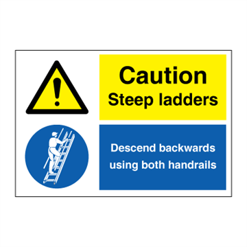 Caution Steep ladders - IMO Combi sign - 200 x 300 mm. Foto.