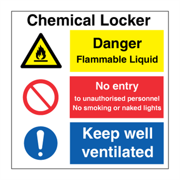 Chemical locker - Danger flammable liquid - No entry - IMO Combi sign. Foto.