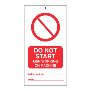 Do not start - Men working on machine (pk. a\' 10 stk.) - IMO Tie Tags. Foto.
