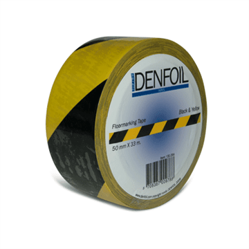 Gulvtape fra Denfoil 50mm x 33 m i fargen sort og gul. Foto.