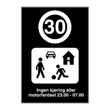Gatetun skilt med fartsgrense 30 km/t - Privatrettslig opplysningsskilt. Foto.