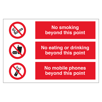 No smoking - No eating - No mobile phones - IMO Combi sign - 200 x 300 mm. Foto.