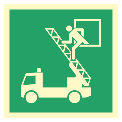 Rømningsvindu til brannbil/ stigebil - Rømningsvei - Etterlysende nødutgangsskilt