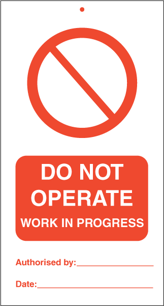 Do not operate Work in progress - IMO Tie Tags. Foto.