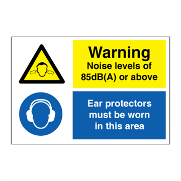 Warning Noise levels of 85 dB (A) or above - IMO Combi sign - 200 x 300 mm. Foto.